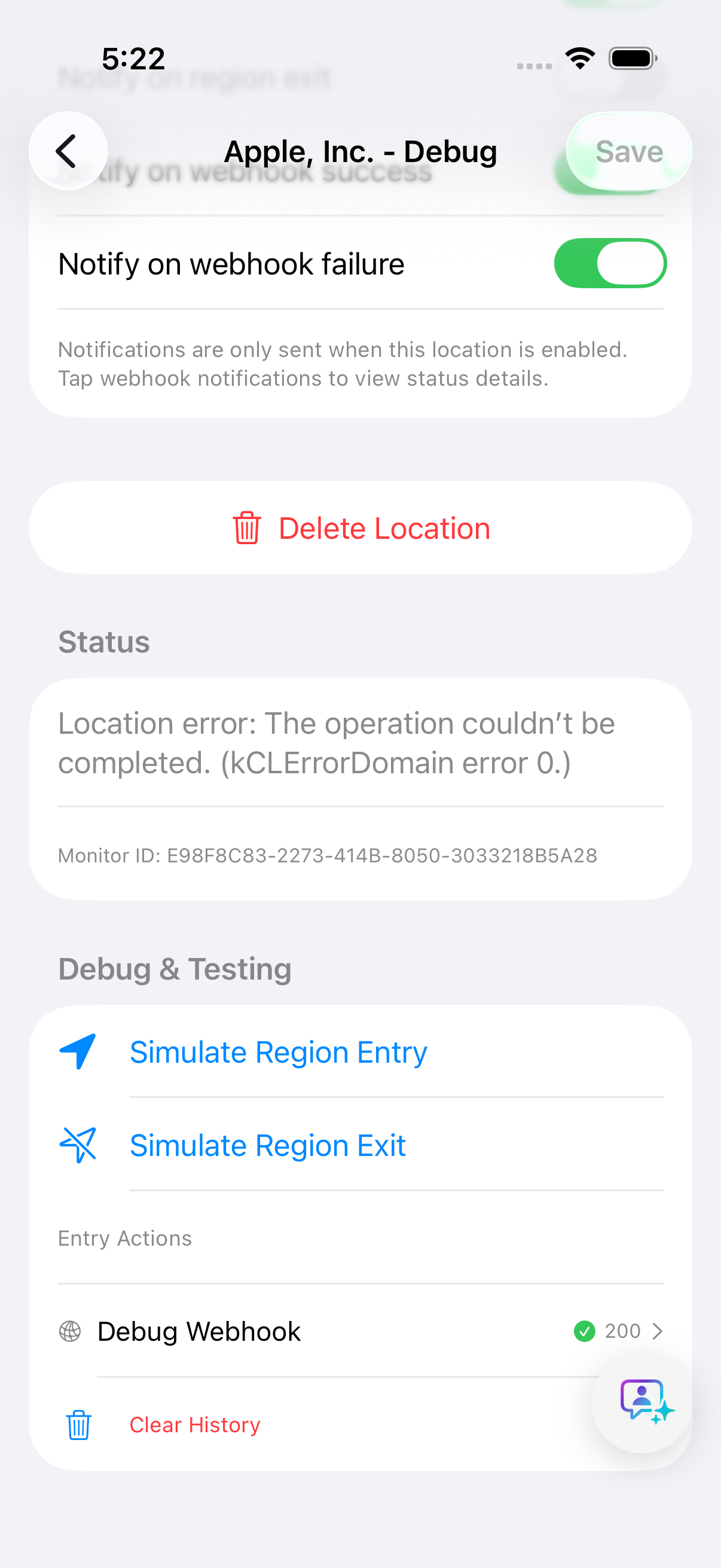 Debug Location - Simulate entry and exit events